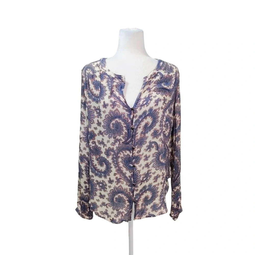 Lucky Brand Paisley Print Long Sleeve V Neck Blouse Women's Large Cream Blue‎